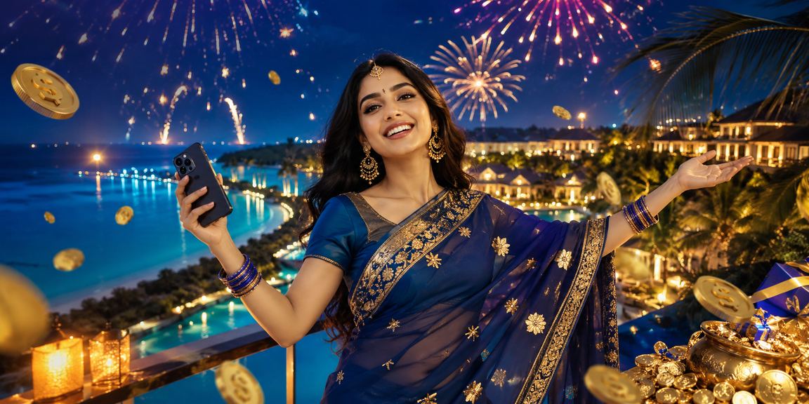 সেন্ট মার্টিনে শাড়ি পরিহিত ব্যবহারকারী মোবাইলে ক্যাসিনো গেম খেলছেন